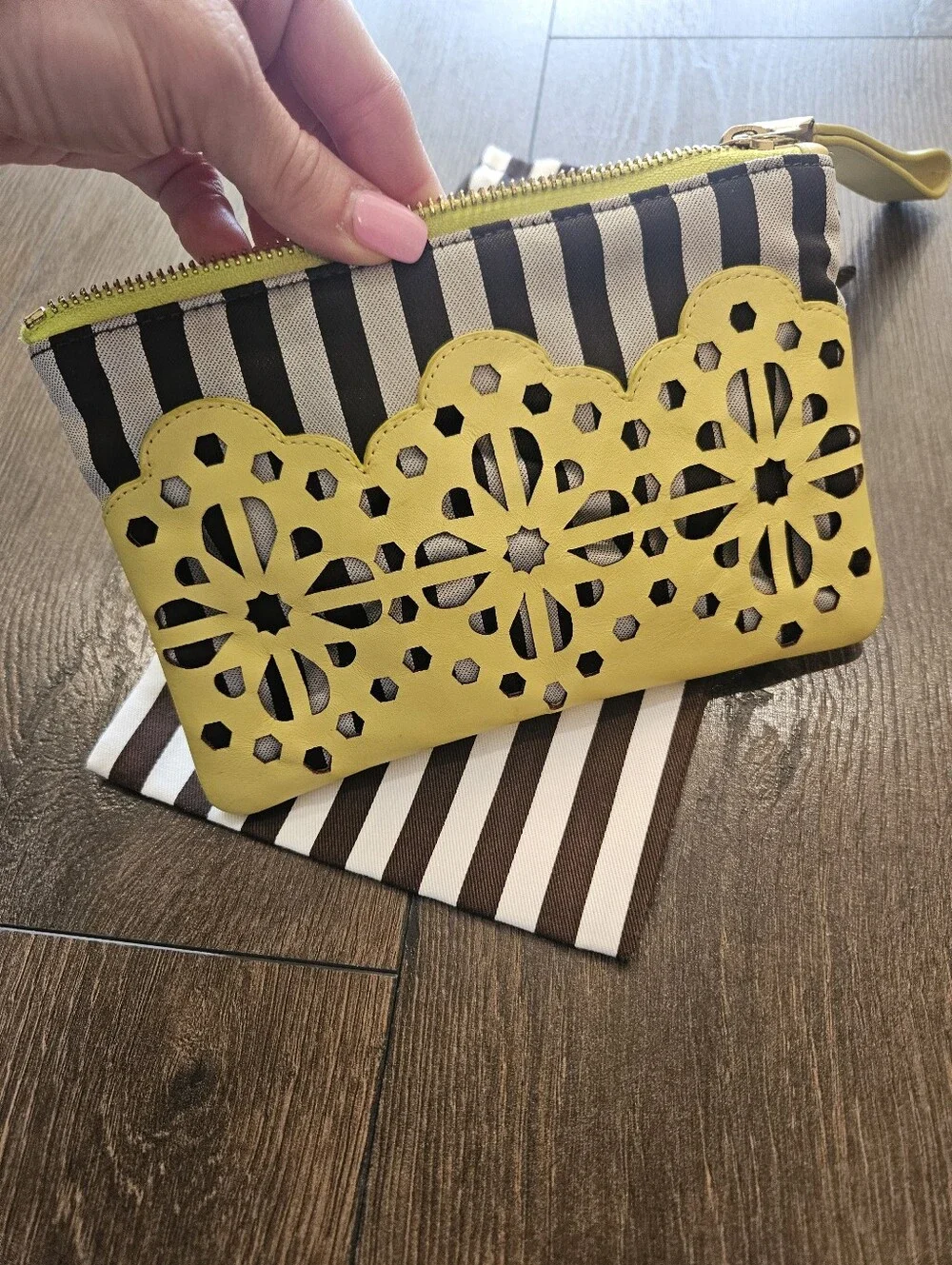Henri Bendel Vibrant Yellow Laser Cut Floral Wristlet Clutch + Dust Bag